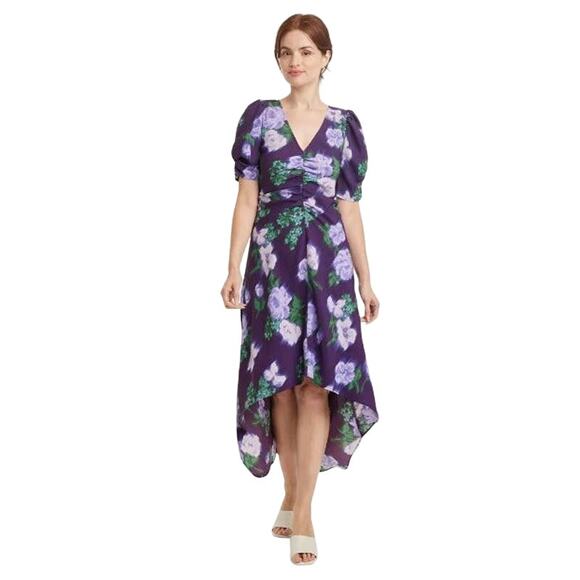 New A New Day Purple Navy Floral Crepe Short Sleeve Midi Dress Small - Picture 3 of 3